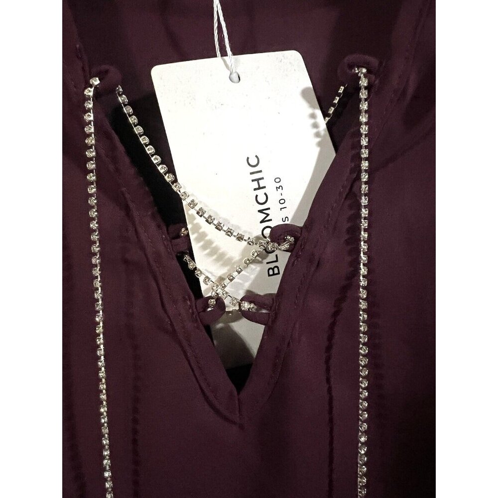 New Bloomchic Blouse 12 Bling-Tie Womens Shirt Burgundy Maroon Short Sleeve NWT - Picture 3 of 4